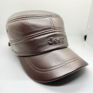 Jeep Leather Cap Earflap Hat Brown Military Cadet Winter Hat Baseball Cap